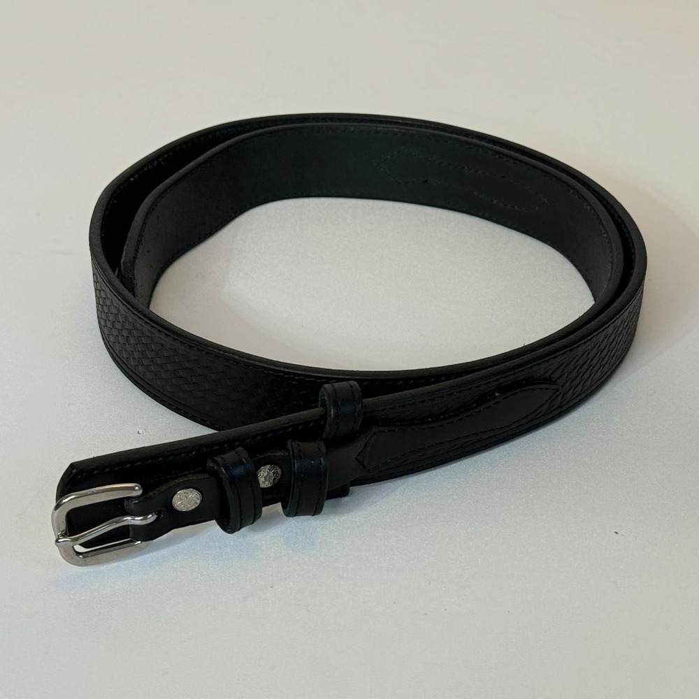 YODER Leather Company Mens Embossed Black Leather Belt With Brass Buckle Mens 46